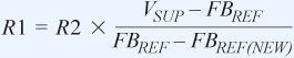 電阻分壓器的必需值可以使用公式1計算，其中 VSUP是輔助調(diào)節(jié)電壓， FBREF（NEW）是RSENSE兩端的目標(biāo)電壓。