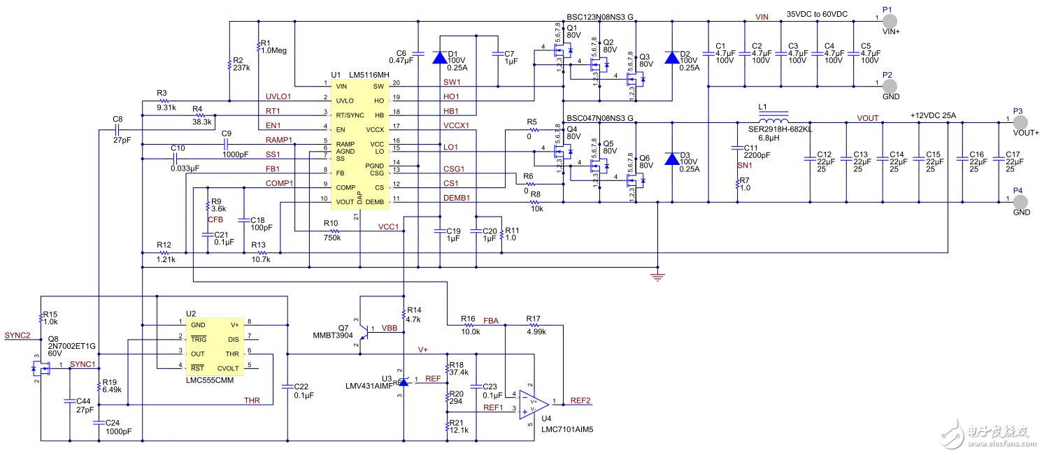 35V-60V輸入、12V/600W雙相降壓轉換器電路圖