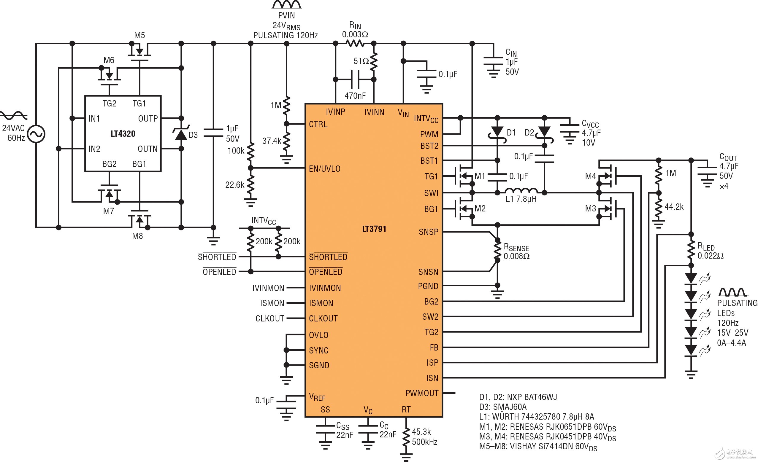 圖 1：24VAC至60W LED驅動器 （等效于600W鹵素燈） 具有高功率因數和高效率