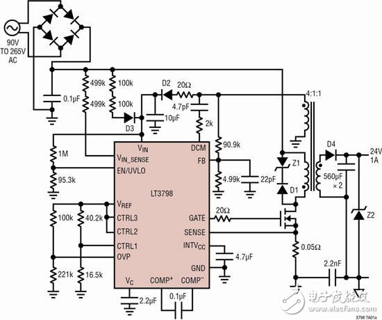 圖 1：具主端輸出電壓檢測的 LT3798 反激式轉(zhuǎn)換器