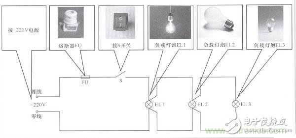 一只單連開關控制三盞燈電路