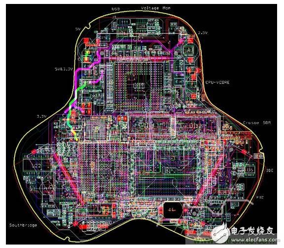 這片掌上電腦的12層電路板原型看起來很厲害，但是因為自動布線器搞砸了PCI總線的時序，根本無法運作。