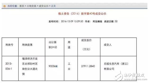 樂視汽車又有新動作2.79億元浙江德清拿地