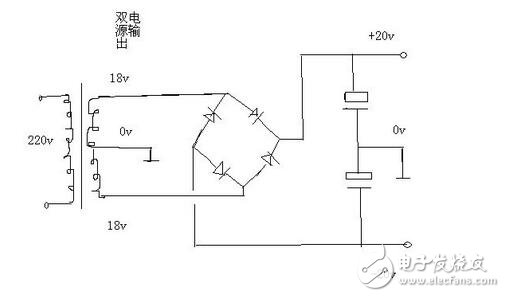 不用兩個整流橋。用一個即可，把2個18伏交流接到整流橋的交流輸入端，把變壓器抽頭0伏接地線（線路板的地線），整流橋直流輸出+ -端接電容器濾波，電容器2個串聯之后正極接整流橋正極+，電容器負極接整流橋負極-，2個串聯的電容器中間引出一根線接地線，也就是雙18伏交流的抽頭。這樣就可以在直流輸出端得到正負20伏的雙電源了。