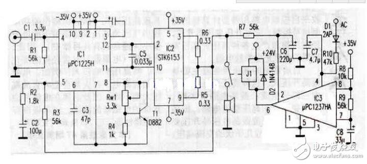 uPC1225H是NEC推出的50W音響驅動電路，芯片內部設置有完善的保護環節，外圍電路雖然略微復雜了一些，但uPC1225H的輸出電壓偏差只有±5mV，極寬的功率頻帶與極高的轉換速率使之比LM3886等集成功放的音色溫暖，柔和且更加耐聽。