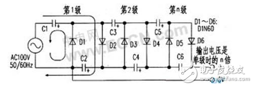 其工作過程是，首先在交流的負半周時交流電源經(jīng)D1對C1充電，接著在正半周時交流電源與C1上的電壓相加經(jīng)D2對電容器C2充電，充得的電壓是電容器C1充電電壓的兩倍。接下來在負半周時，除了電源經(jīng)Dl對電容器C1充電之外，交流電源還與C2上的電壓疊加經(jīng)D3對C3、C1充電，C3上的充電電壓是C1上的兩倍。在正半周時交流電源與C1上的電壓疊加，除了經(jīng)D2對電容器C2充電之外，還與C1、C3上的電壓疊加經(jīng)D4對電容器C4和C2充電，C4上充得的電壓是電容器C1上電壓的兩倍。