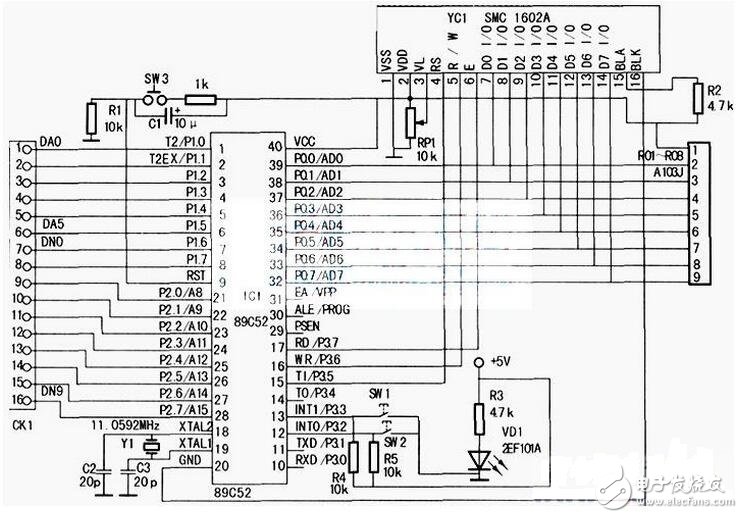 　單片機控制電路如下圖所示，SW3為復位開關，當按下復位開關SW3時，電路復位，單片機處于起始工作狀態（1CH）；按下復位開關SW1或SW2，雙鎖相環鄰頻調制器輸出的電視頻道分別作步進遞增或遞減的變換