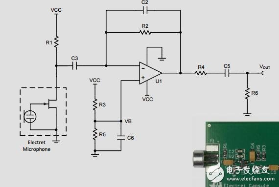 單電源，駐極體麥克風前置放大器參考設計