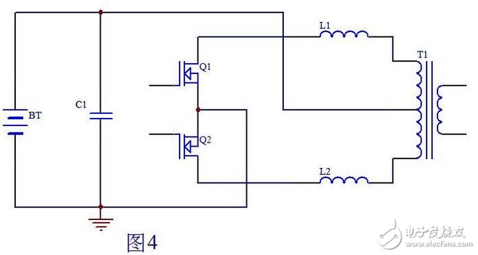 當Q1柵極信號由高電平變為低電平時，此時Q2也還截止，即死區處Q1，Q2都不導通，T1初級上半部分由于和次級耦合的原因，能量僅在Q1導通時向次級傳遞能量，到Q1截止時T1初級上半部分上端的電位已恢復到電池電壓，而L1可以看做是是一個獨立的電感，它儲存的能量耦合不到變壓器T1的次級。