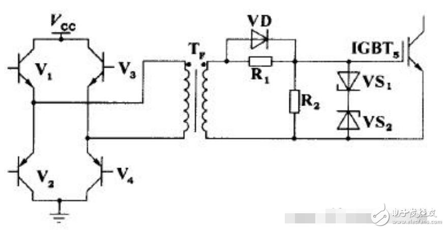 脈沖變壓器驅動電路如圖所示，V1～V4組成脈沖變壓器一次側驅動電路，通過控制V1、V4和V2、V3的輪流導通，將驅動脈沖加至變壓器的一次側，二次側通過電阻R1與IGBT5柵極相連，R1、R2防止IGBT5柵極開路并提供充放電回路，R1上并聯的二極管為加速二極管，用以提高IGBT5的開關速度，穩壓二極管VS1、VS2的作用是限制加在IGBT5g-e端的電壓，避免過高的柵射電壓擊穿柵極。柵射電壓一般不應超過20 V。