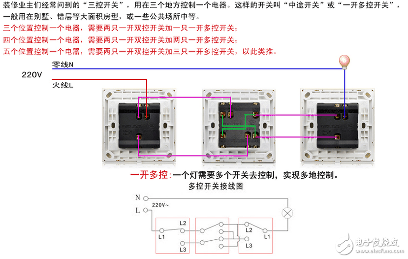 一開三控開關接線圖解_單聯三控開關接線圖解