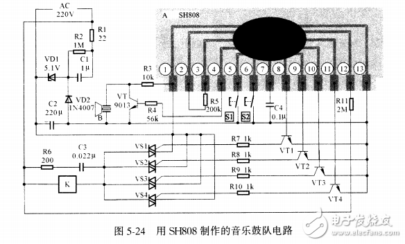 基于SH808音樂鼓隊電路設計