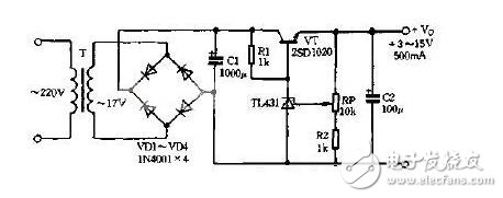 　　串聯(lián)穩(wěn)壓器電路介紹  　　串聯(lián)型穩(wěn)壓電路屬直流穩(wěn)壓電源中的一種，在實際應(yīng)用電路中應(yīng)用非常廣泛。如我們平常常用的78或79系列三端穩(wěn)壓器也是屬于它的一種。  　　整流濾波后的電壓是不穩(wěn)定的電壓，在電網(wǎng)電壓或負(fù)載變化時，該電壓都會產(chǎn)生變化，而且紋波電壓又大。所以，整流濾波后，還須經(jīng)過穩(wěn)壓電路，才能使輸出電壓在一定的范圍內(nèi)穩(wěn)定不變。在這里我們就用串聯(lián)型穩(wěn)壓電路對其進(jìn)行穩(wěn)壓。  　　集成線性：如果將前述的串聯(lián)型穩(wěn)壓電源電路全部集成在一塊硅片上，加以封裝后引出三端引腳，就成了三端集成穩(wěn)壓電源了。正電壓輸出的78××系列，負(fù)電壓輸出的79××系列。其中××表示固定電壓輸出的數(shù)值。如：7805、7806、7809、7812、7815、7818、7824等，指輸出電壓是+5V、+6V、+9V、+12V、+15V、+18V、+24V。79××系列也與之對應(yīng)，只不過是負(fù)電壓輸出。這類穩(wěn)壓器的最大輸出電流為1.5A，塑料封裝（TO-220）最大功耗為10W（加散熱器）；金屬殼封裝（TO-3）外形，最大功耗為20W（加散熱器）。  　　線性串聯(lián)：這種穩(wěn)壓電路的主回路由調(diào)整管T與負(fù)載相串聯(lián)構(gòu)成，且T工作在線性狀態(tài)，故稱為線性串聯(lián)式穩(wěn)壓電路。輸出電壓Vo=VI-VCE，其變化量由反饋網(wǎng)絡(luò)取樣，并經(jīng)放大電路（A）放大后去控制調(diào)整管T的基極電壓，從而改變調(diào)整管T的VCE大小。當(dāng)輸入電壓VI增加（或負(fù)載電流Io減小）時，導(dǎo)致輸出電壓Vo增加，隨之反饋電壓VF=R2Vo/（R1+R2）=FvVo也增加（Fv為反饋系數(shù)）。VF與基準(zhǔn)電壓VREF相比較，其差值電壓經(jīng)比較放大電路放大后使調(diào)整管的VB和IC減小，于是調(diào)整管T的c-e間電壓VCE增大，使Vo下降，從而維持Vo基本恒定。顯然，這是電壓負(fù)反饋電路基本性能。  　　TL431介紹  　　TL431是可控精密穩(wěn)壓源。它的輸出電壓用兩個電阻就可以任意的設(shè)置到從Vref（2.5V）到36V范圍內(nèi)的任何值。該器件的典型動態(tài)阻抗為0.2Ω，在很多應(yīng)用中用它代替穩(wěn)壓二極管，例如，數(shù)字電壓表，運放電路，可調(diào)壓電源，開關(guān)電源等。  　　TL431是一種并聯(lián)穩(wěn)壓集成電路。因其性能好、價格低，因此廣泛應(yīng)用在各種電源電路中。其封裝形式與塑封三極管9013等相同，如圖a所示。同類產(chǎn)品還有圖b所示的雙直插外形的。知道了串聯(lián)穩(wěn)壓器電路和TL431的原理，我們再來看看由TL431構(gòu)成的串聯(lián)穩(wěn)壓器電路是什么樣子的。  　　2  　　由TL431構(gòu)成的串聯(lián)穩(wěn)壓器電路  　　TL431是一種并聯(lián)穩(wěn)壓集成電路。因其性能好、價格低，因此廣泛應(yīng)用在各種電源電路中。其封裝形式與塑封三極管9013等相同。同類產(chǎn)品還有雙直插外形的。  　　TL431是一個有良好的熱穩(wěn)定性能的三端可調(diào)分流基準(zhǔn)源。他的輸出電壓用兩個電阻就可以任意的設(shè)置到從Verf（2.5V）到36V范圍內(nèi)的任何值。該器件的典型動態(tài)阻抗為0.2Ω，在很多應(yīng)用中用它代替齊納二極管。  　　串聯(lián)型穩(wěn)壓電路屬直流穩(wěn)壓電源中的一種，在實際應(yīng)用電路中應(yīng)用非常廣泛。如我們平常常用的78或79系列三端穩(wěn)壓器也是屬于它的一種。 整流濾波后的電壓是不穩(wěn)定的電壓，在電網(wǎng)電壓或負(fù)載變化時，該電壓都會產(chǎn)生變化，而且紋波電壓又大。所以，整流濾波后，還須經(jīng)過穩(wěn)壓電路，才能使輸出電壓在一定的范圍內(nèi)穩(wěn)定不變。在這里我們就用串聯(lián)型穩(wěn)壓電路對其進(jìn)行穩(wěn)壓。  　　1