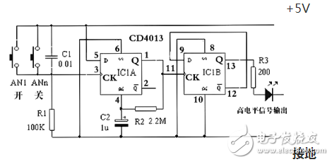 CD4013集成電路信號傳送特性及應(yīng)用電路（多地控制燈開關(guān)）