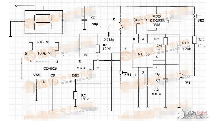 CD4026與555時基電路等組成的數(shù)字顯示門鈴電路