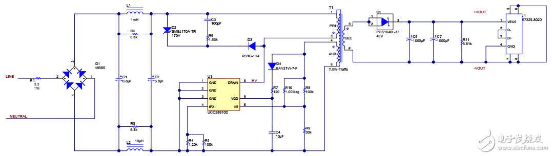 85VAC-265VAC 輸入、5V7.5W 低成本、小尺寸反激電路原理圖的分享