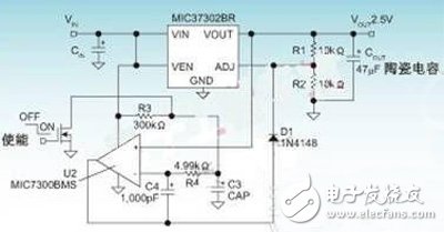 圖1：MIC37302和分立電路確保受控的斜率和時序