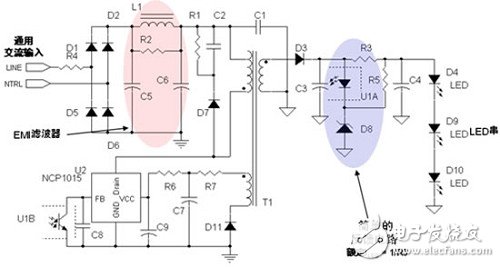 圖3：安森美半導體8?W?LED驅動應用電路示電圖(輸入電壓為85至264?Vac)