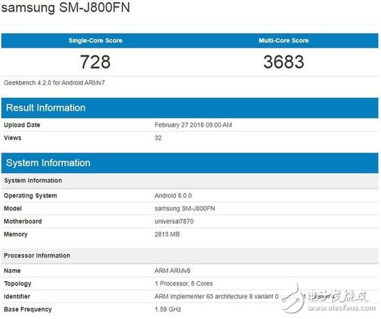 三星新機Galaxy J8現身GeekBench跑分網站 搭載Exynos7870處理器