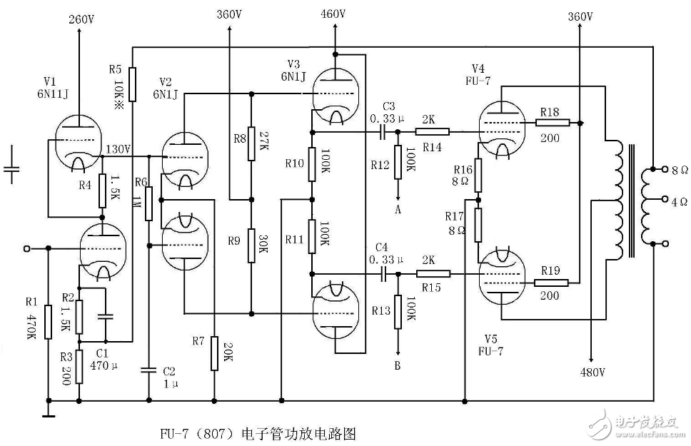 fu7電子管功放電路圖大全（6N8P\6P3P\膽機功放電路\耦合電容器）