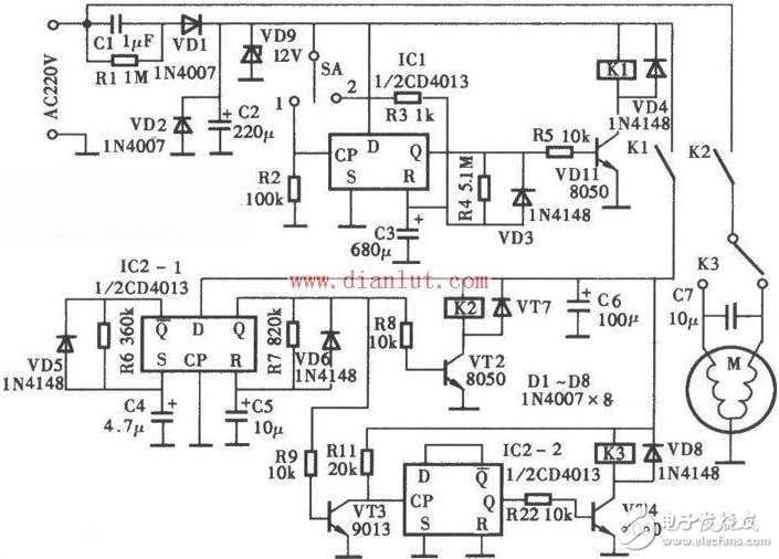 cd4013應(yīng)用電路圖大全（觸摸開關(guān)電/定時器/繼電器/電源頻率檢測器）