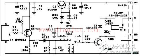 cd4013應(yīng)用電路圖大全（觸摸開關(guān)電/定時器/繼電器/電源頻率檢測器）